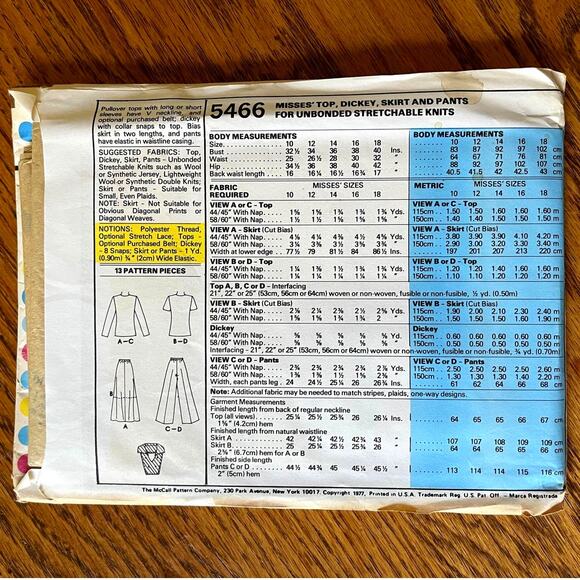 UNCUT Vintage 1970s McCalls 5466 Sewing Pattern Sz S Top Dickey Skirt Flare Pant - Picture 2 of 2